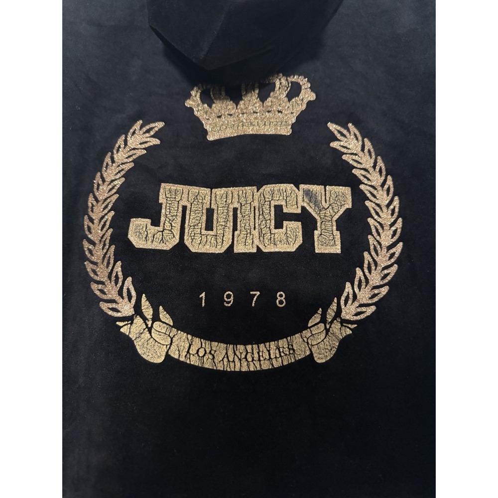 Juicy Couture Black Velour Zip Hoodie Jacket‎ Gold Crown Logo Y2K Size Large